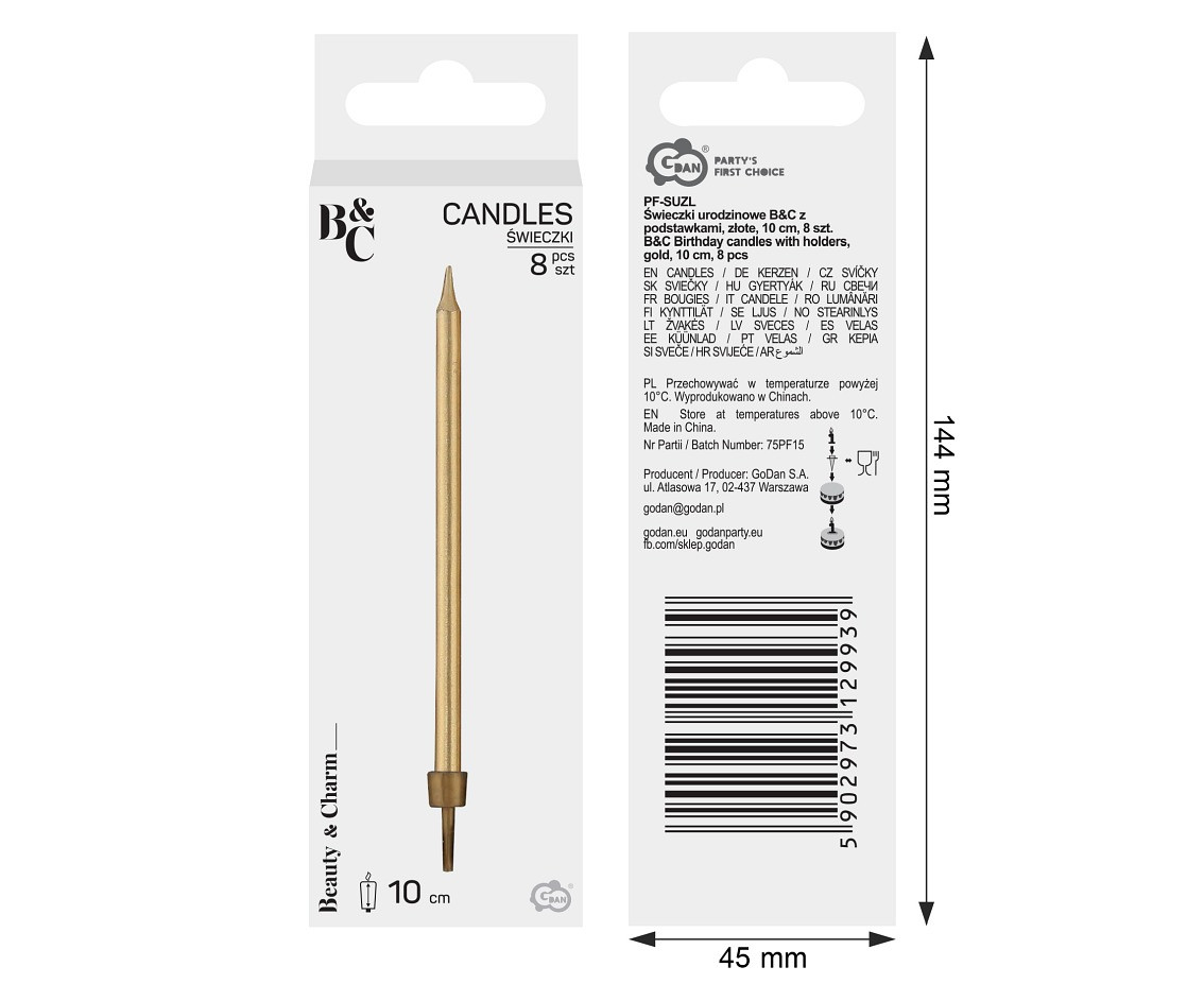 Birthday candles B&C with holders, gold 10 cm, 8 pcs.